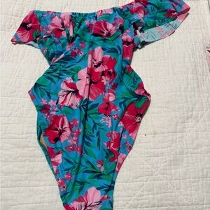 J. Crew Pink and Blue Floral Swimsuit One Shoulder